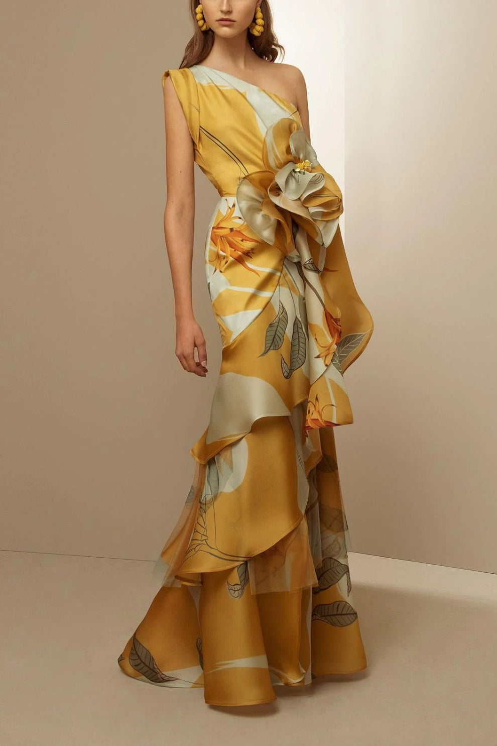 Nayeli - Vestido largo con volantes y un solo hombro con estampado floral 3D